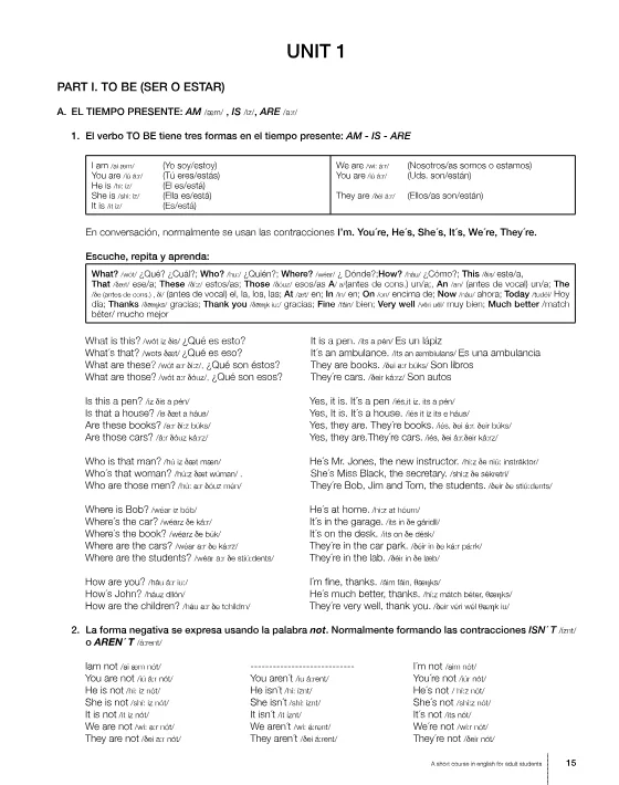 Página de muestra del curso para adultos: inicio de la unidad 1 sobre el verbo to be, con pronunciación y traducción.
