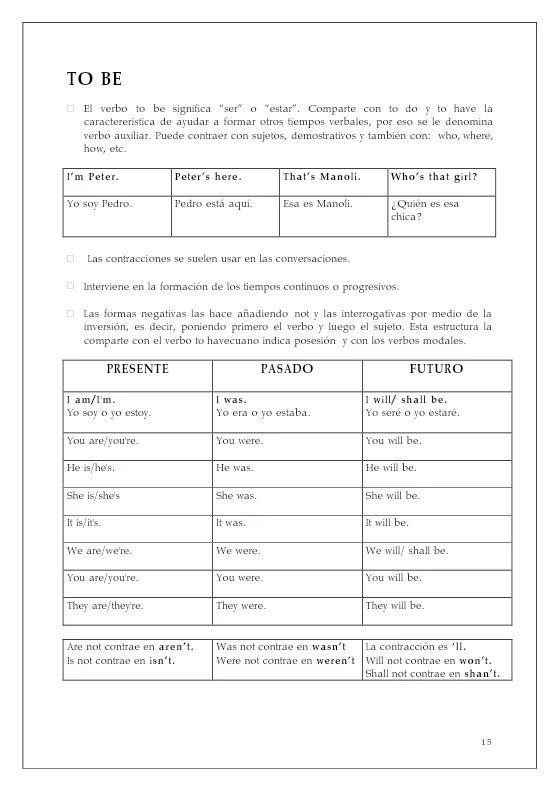 Página 14 de Lengua inglesa: teoría y práctica: el verbo to be en presente, pasado y futuro, con traducción.